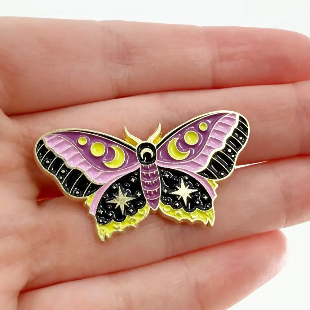 Purple & Black Whimsical Celestial Butterfly Moth with Safety Pin Back